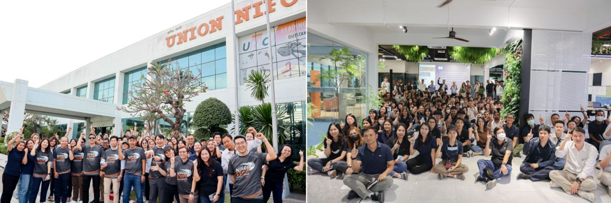 Union Nifco staff posing both outside and inside their office